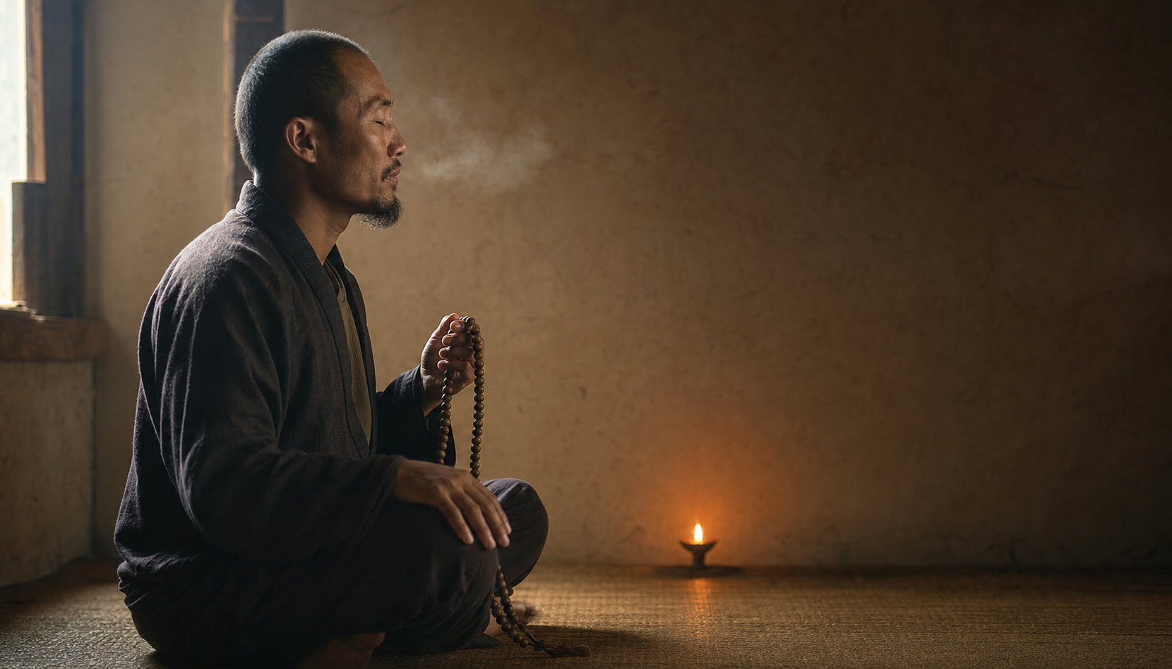 A practitioner holds wooden prayer beads in a lamplit room, with the composition fading from the softly lit face into quiet shadow.