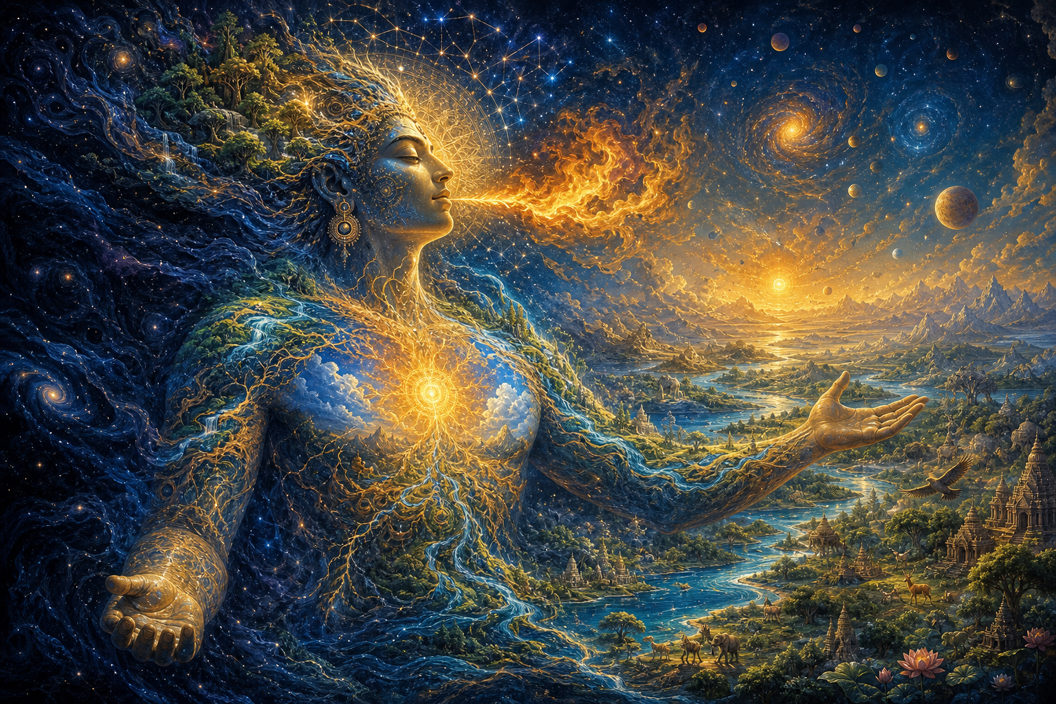 A luminous universal figure emerges from darkness as stars, rivers, forests and fire organize around its limbs, heart and internal channels.