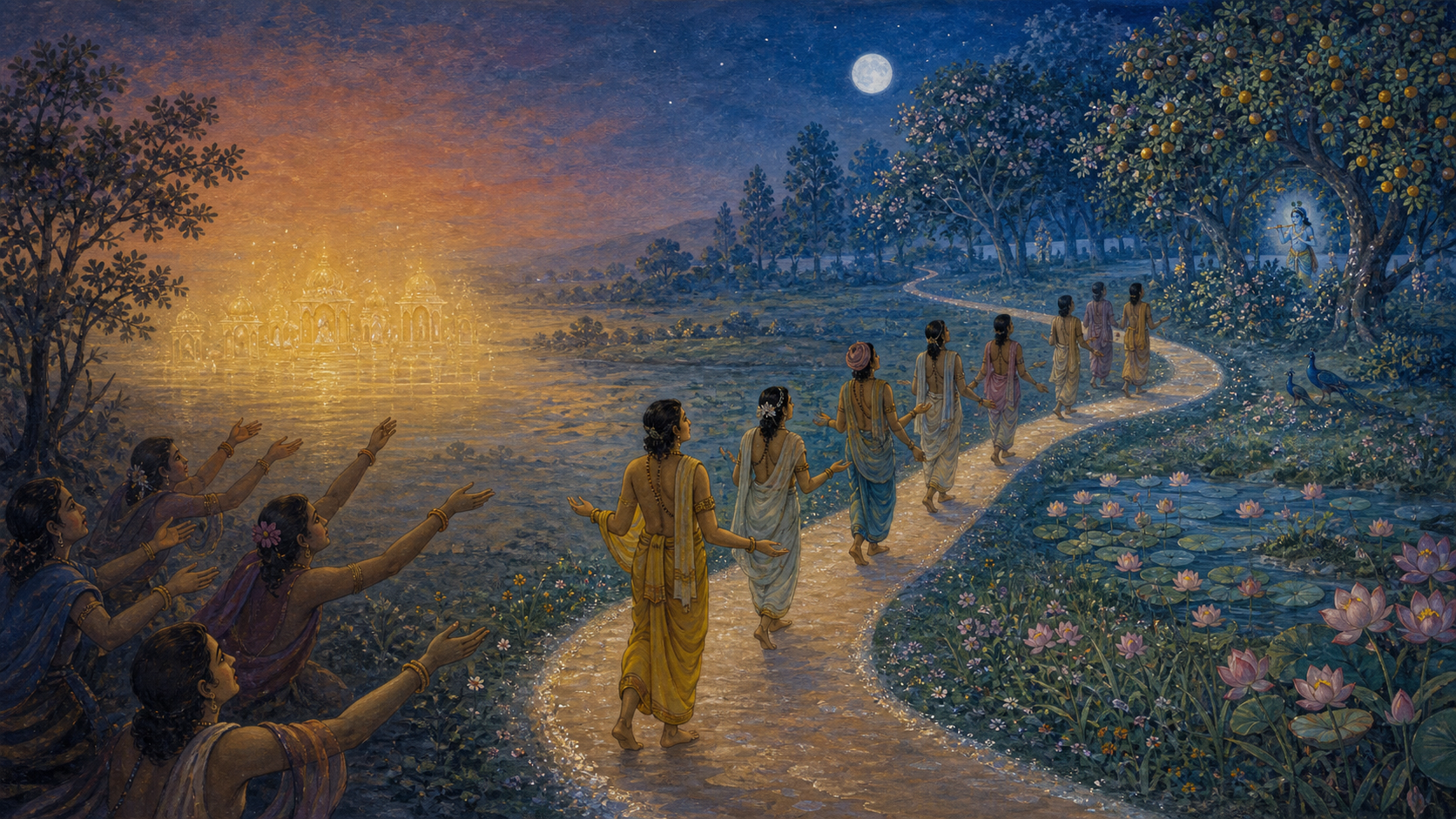 A winding path leads from grasping hands reaching for a golden mirage toward devotees seeking a distant blue presence in a moonlit forest.