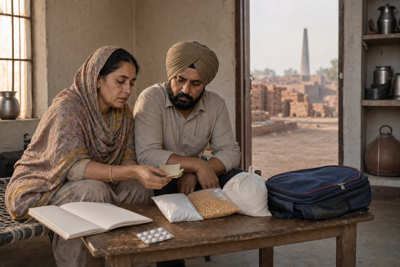 A couple in a modest home review limited cash beside medicine, food staples, and a school bag, with a brick kiln visible outside.