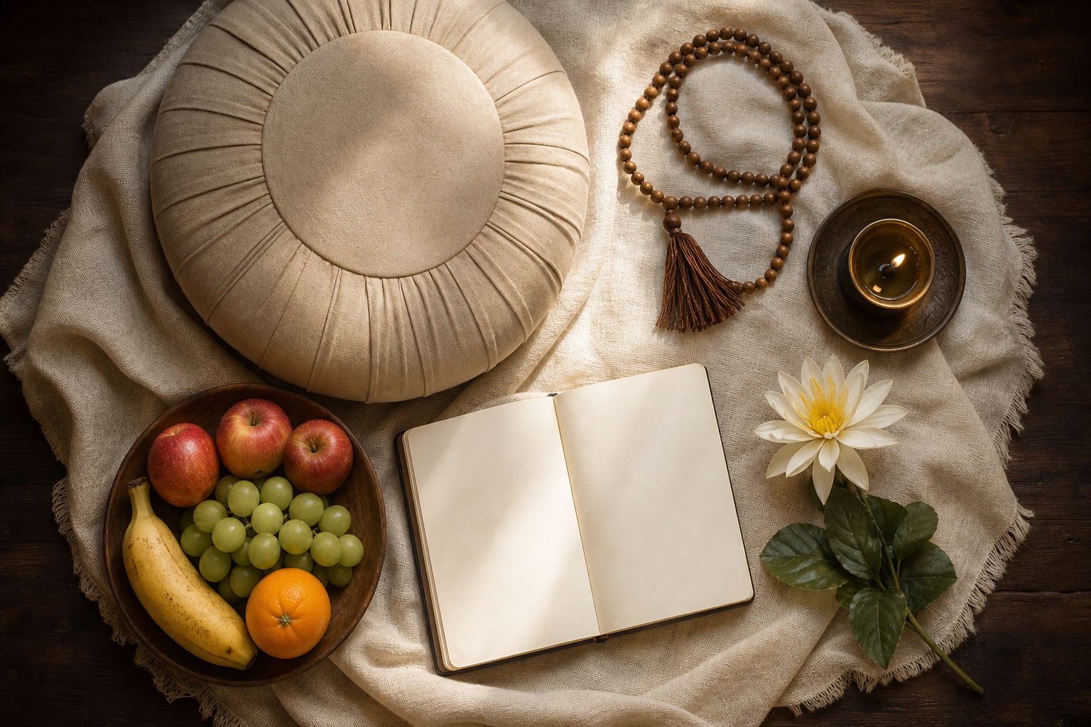 A meditation cushion, prayer beads, lamp, fruit and an offered flower form a balanced circle on a wooden floor.