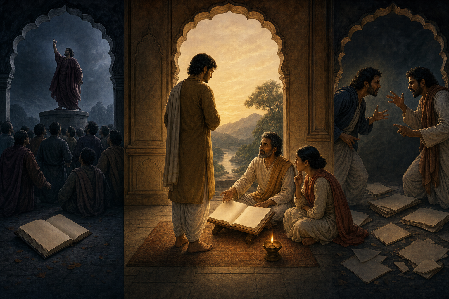 A seeker faces scenes of blind following and hostile argument while a teacher and student calmly study an open scripture in the illuminated center.