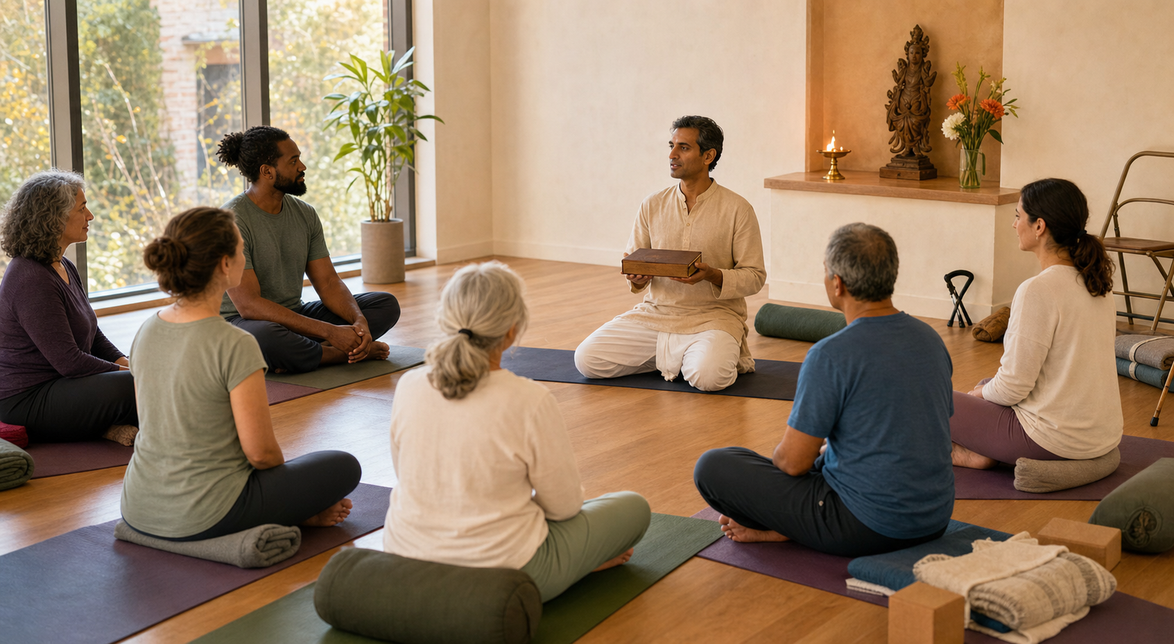 A yoga instructor sits with a varied group in a circular studio arrangement beside a closed manuscript, cushions, and a small lamp with flowers.