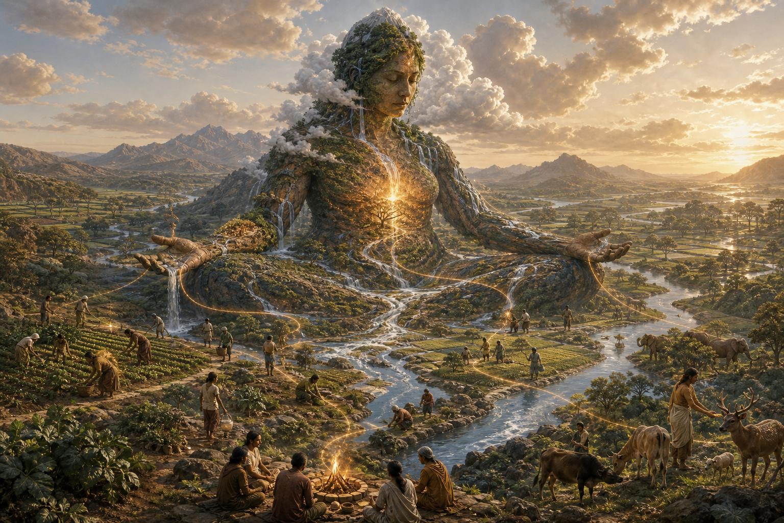 People tend rivers, fields, animals and fire around a large human-shaped landscape connected by subtle streams of light.