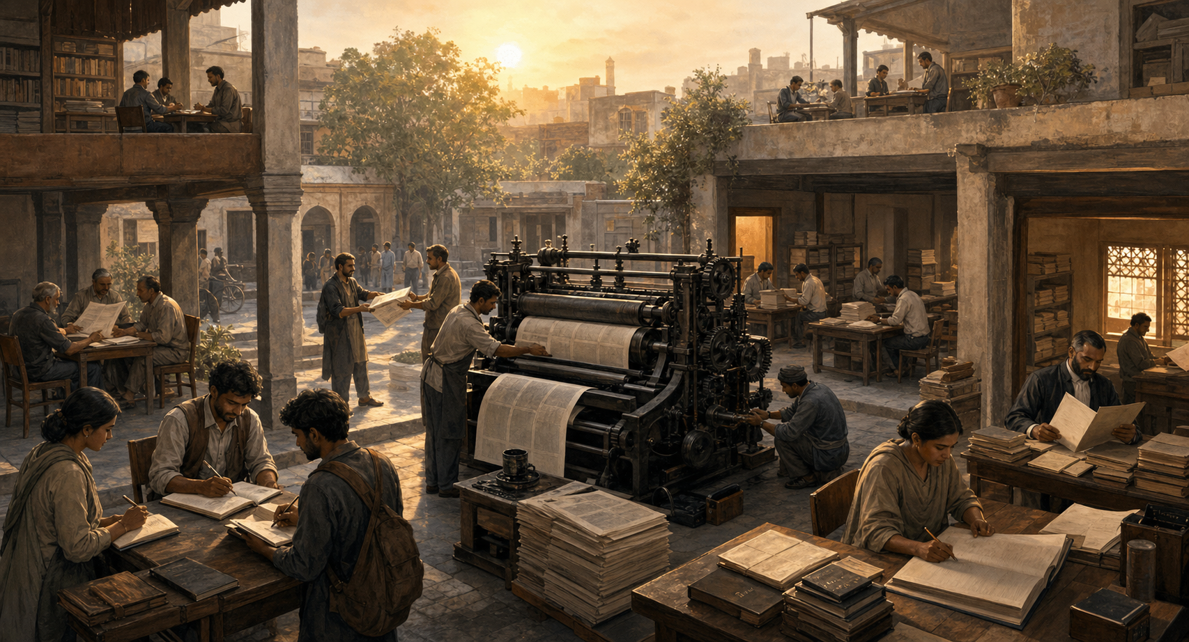 Reporters, printers, a lawyer, readers and an accountant support a working press across several connected publishing spaces at sunrise.