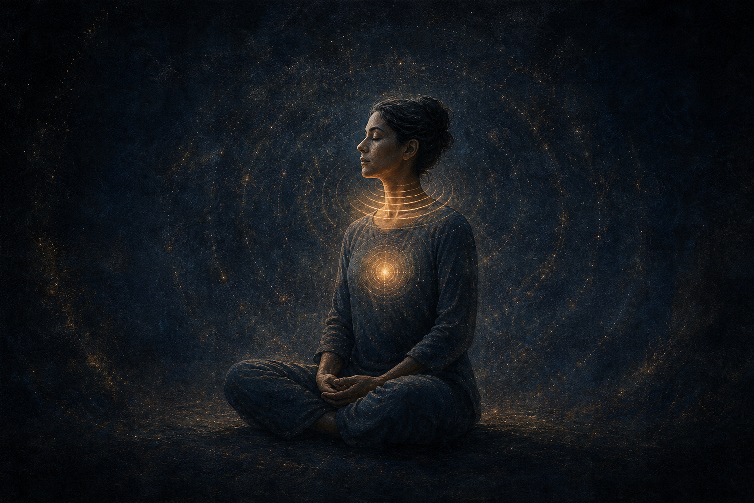 A seated practitioner surrounded by copper-gold rings that emerge near the throat and fade into a luminous indigo field.