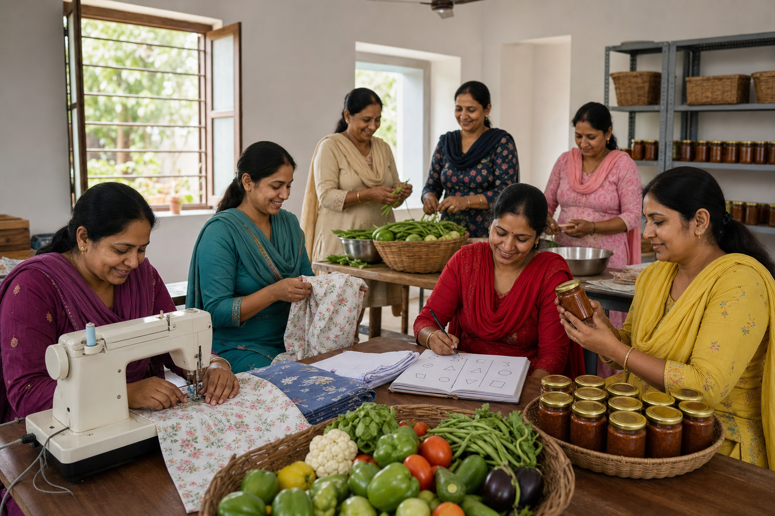 Women work together in a bright rural workshop, sewing, sorting vegetables, and packaging unbranded food products.