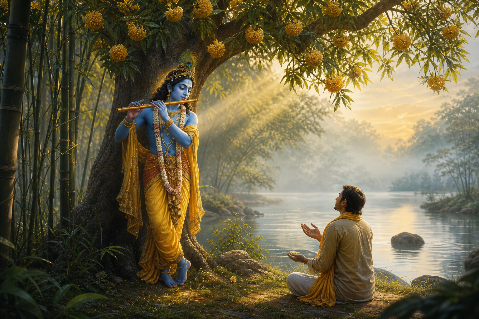 Krishna holds a bamboo flute beneath a flowering tree while a seated devotee listens beside a misty river.