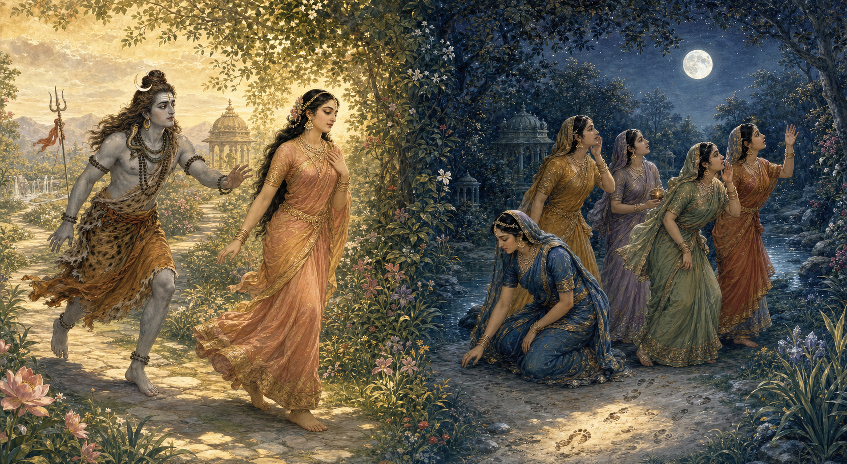 Śiva follows Mohinī through a celestial garden while, in a parallel moonlit scene, a group of gopīs searches the Vrindavan forest for Kṛṣṇa.