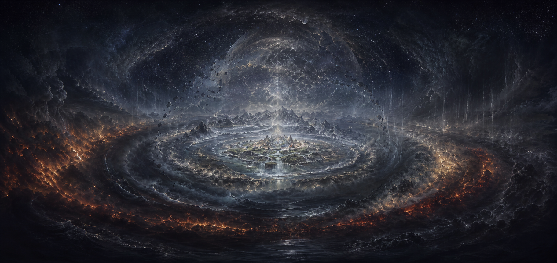 A transparent cosmic figure fades amid wind, fire, rain and dark water as mountains fragment, rivers vanish and stars grow dim.