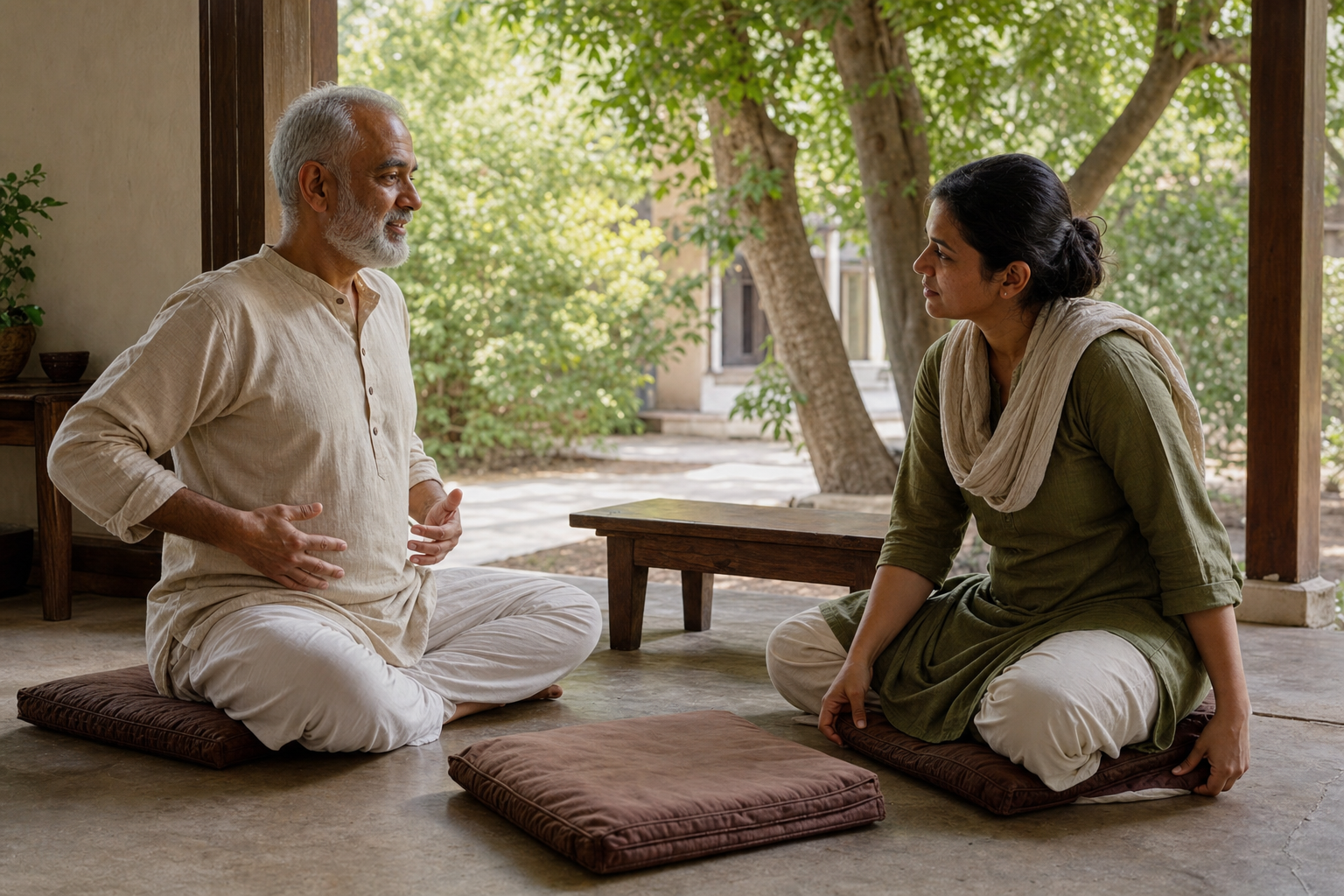 A spiritual guide demonstrates a seated practice to an adult student on a veranda with cushions and a low bench nearby.