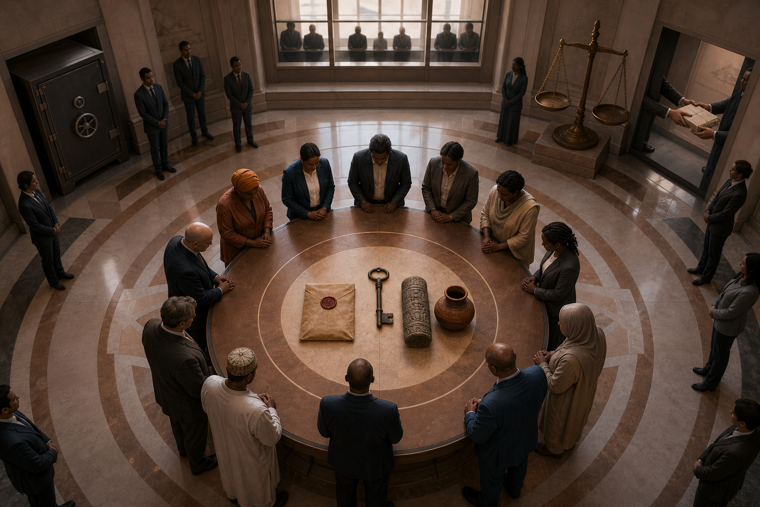 Institutional stewards gather around a circular table with secured objects, witnesses, a balance scale and a locked cabinet.