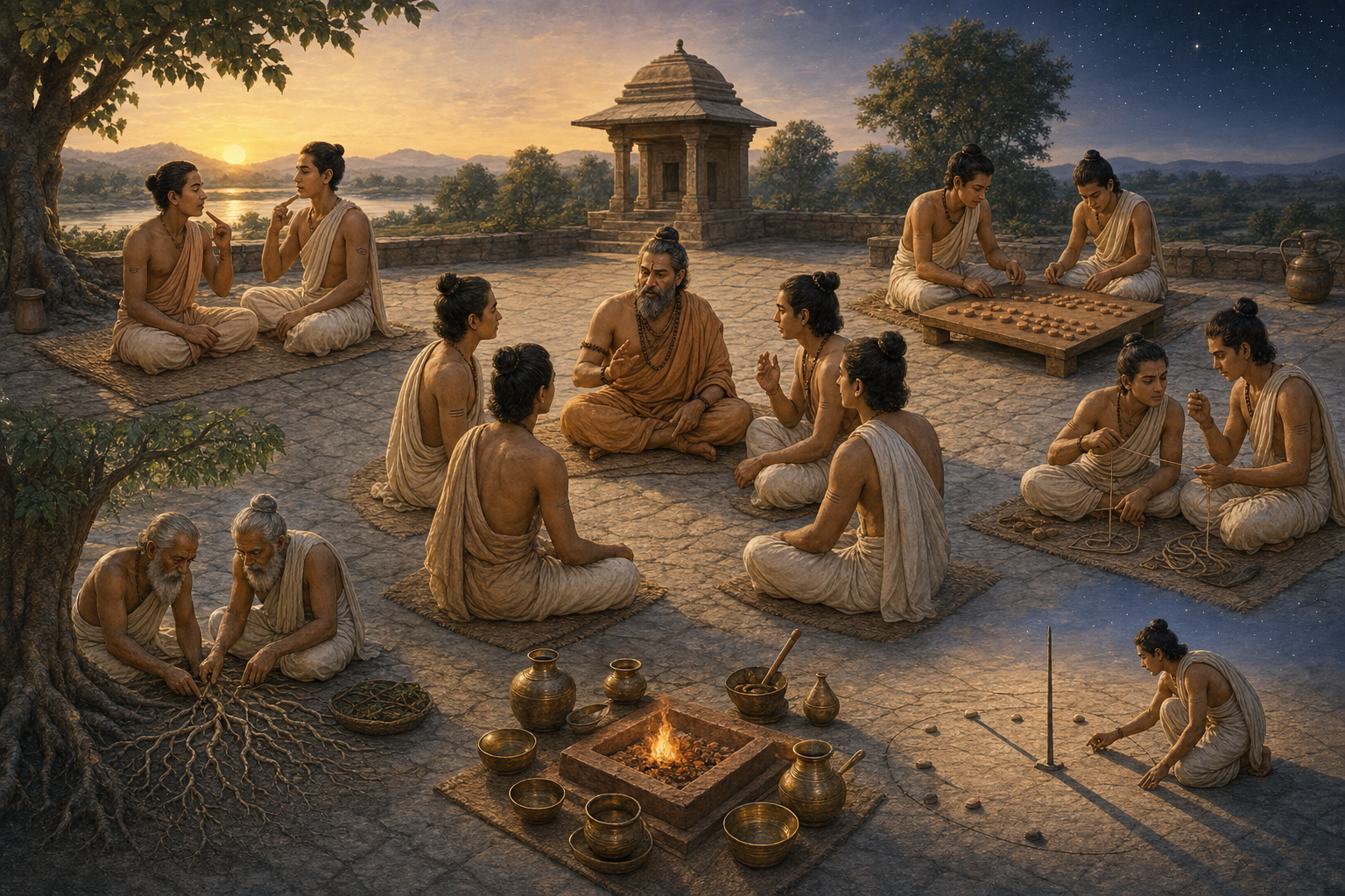 A teacher and students recite together in a courtyard surrounded by six scenes of pronunciation, structure, rhythm, interpretation, ritual preparation and astronomical observation.