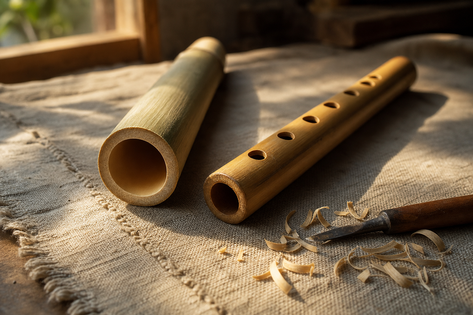 A hollow bamboo reed and a finished flute lie beside carving tools in a sunlit artisan workspace.