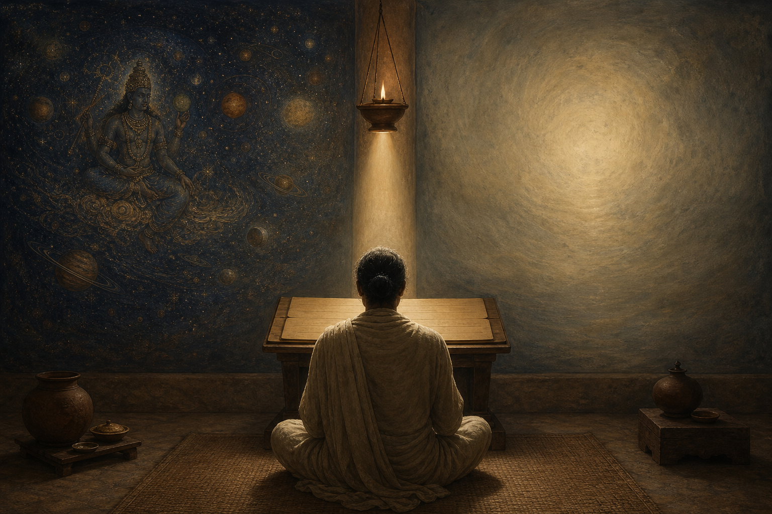 A seated reader faces an unmarked palm-leaf manuscript positioned between a detailed cosmic figure and an abstract field of light.