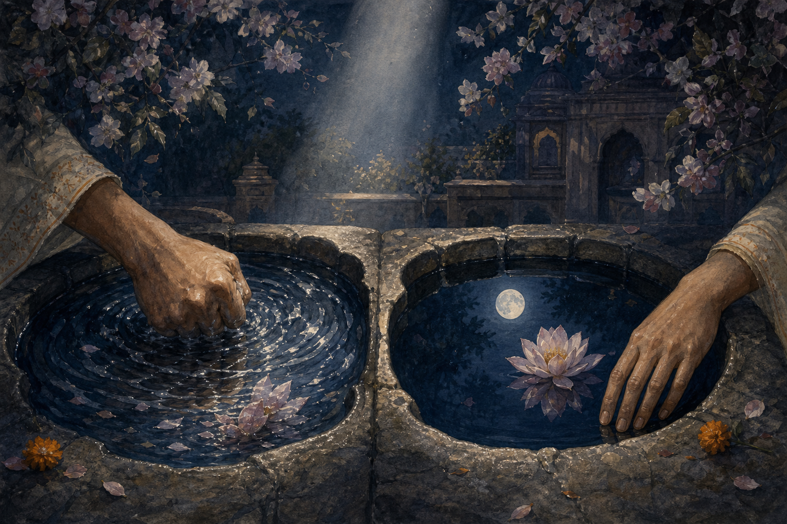 A clenched hand disturbs one moonlit pool and distorts its reflection, while an open hand rests beside a second pool with a clear reflection and lotus.