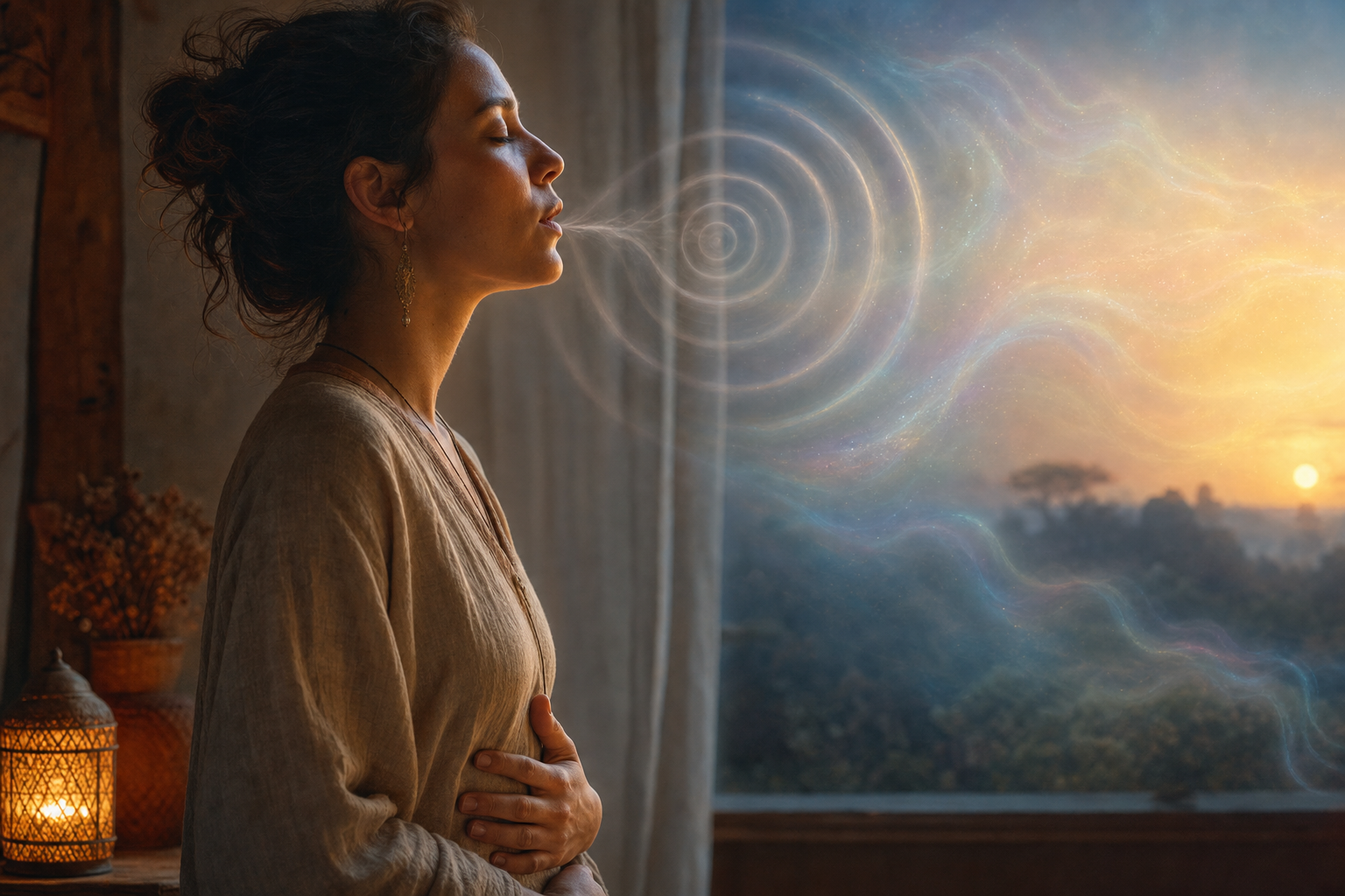A person chants softly with one hand below the ribs as translucent ripples extend from the mouth into a softly glowing space.