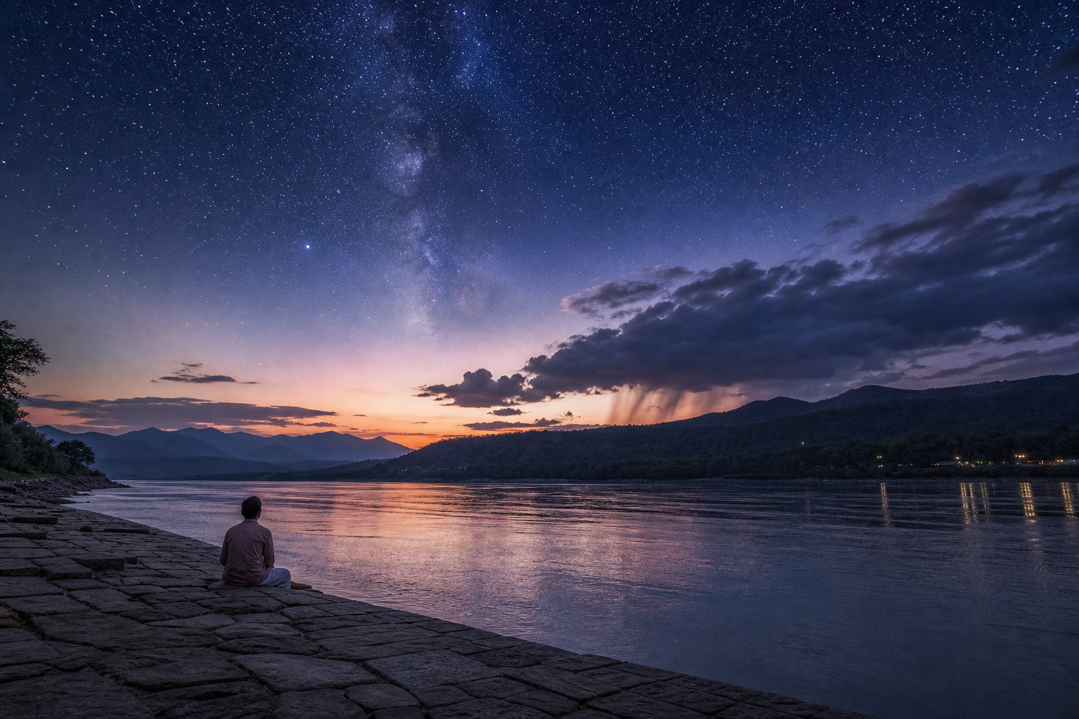 A solitary person sits beside a broad river beneath a vast starry sky as rain clouds move over distant hills.