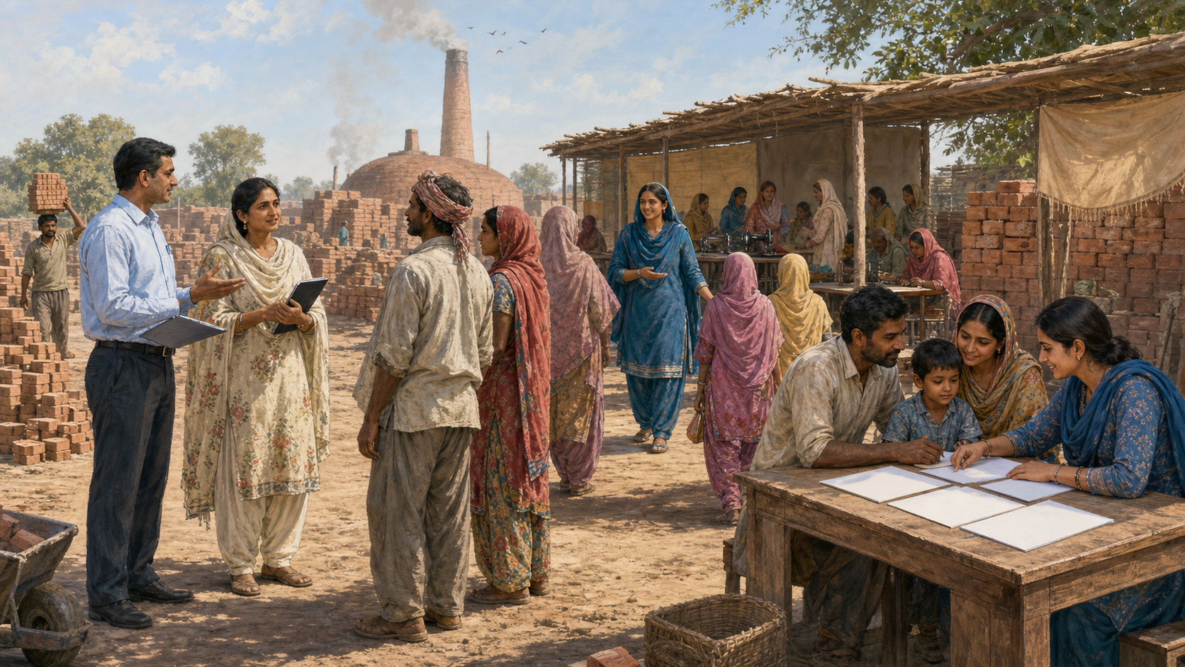Workers at a brick kiln meet with an inspector and community advocate while a family receives assistance and women enter a nearby workshop.