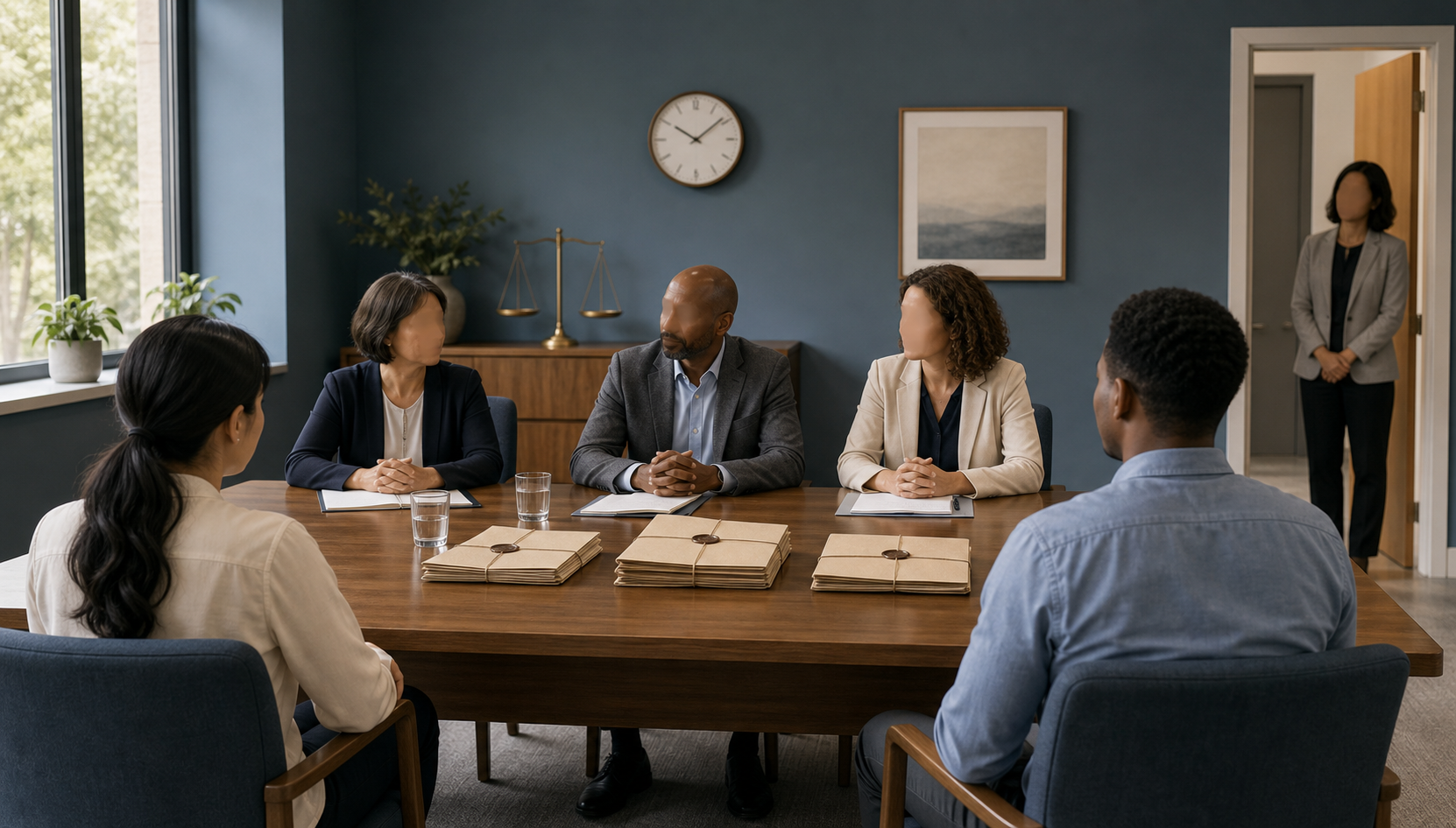 A neutral review panel listens to two people in a balanced hearing room with sealed records and an observer present.
