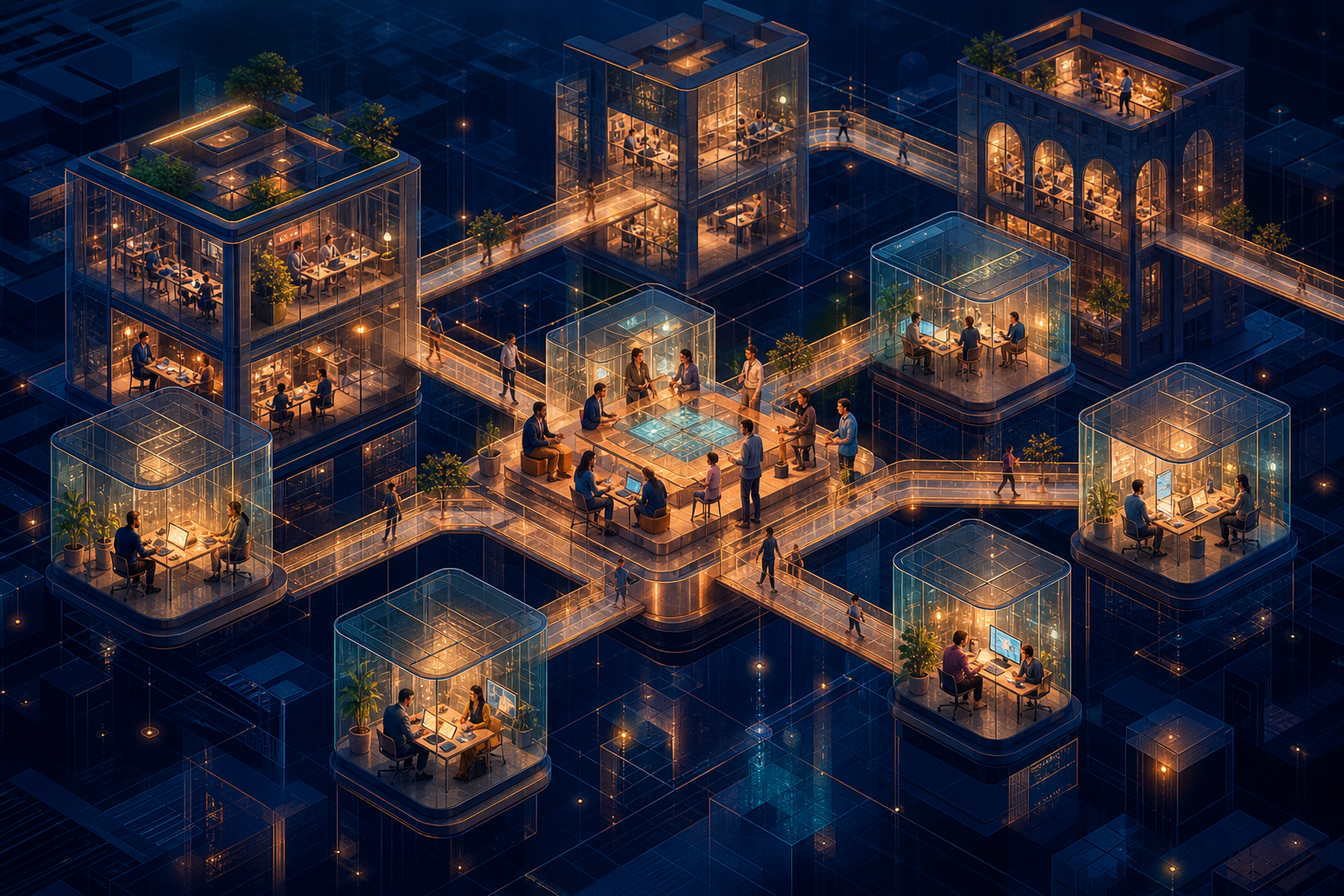 Independent specialists in modular studios connect by bridges to several larger company buildings in an isometric cityscape.