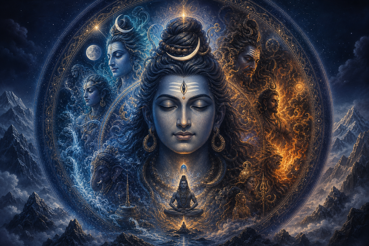 A serene central form of Shiva surrounded by luminous and formidable aspects that merge into one circular field of light.