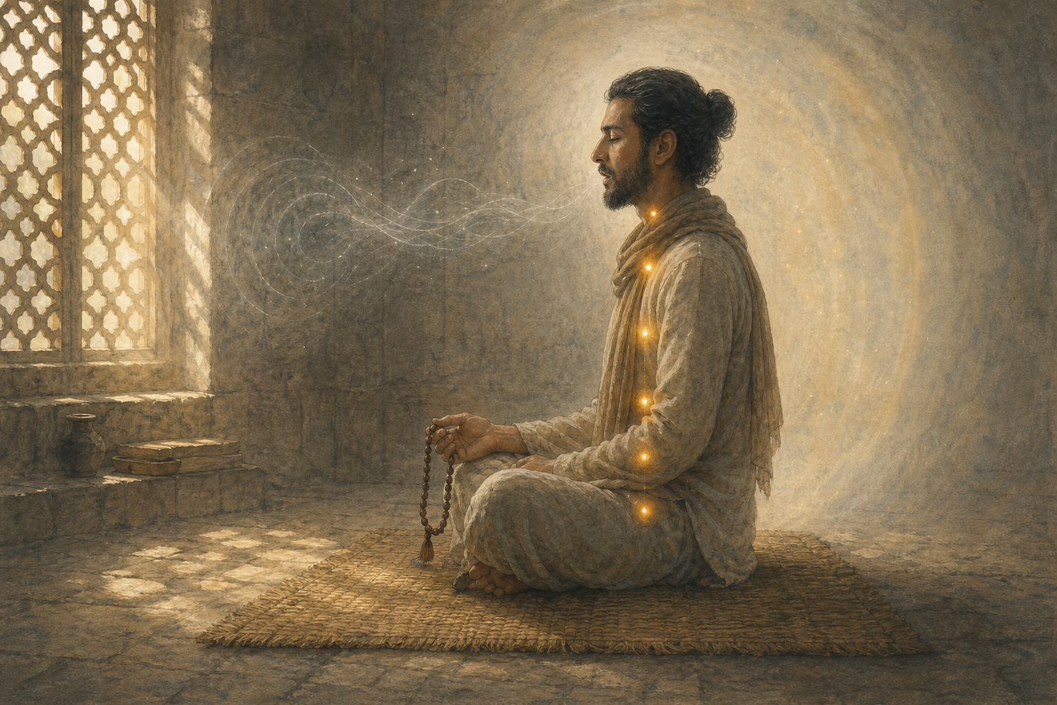 A seated practitioner holds prayer beads as breath ripples fade into stillness and small amber lights appear along the torso.