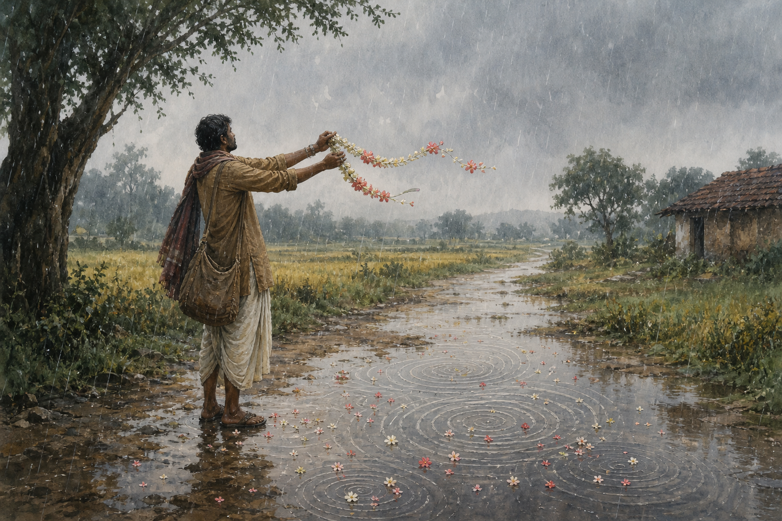 A traveler stands on a rural path in monsoon rain while wind scatters petals from a garland into nearby puddles.