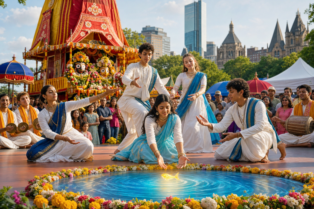 ISKCON youth performers present a devotional Ratha Yatra theatre dance in Boston with a Festival of Chariots cart behind them.
