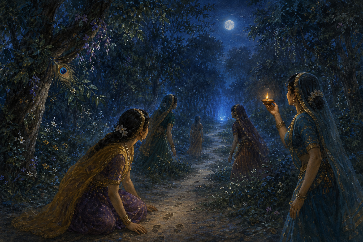 Gopīs follow faint footprints through a moonlit forest, carrying a lamp and finding a peacock feather as a blue glow recedes among the trees.