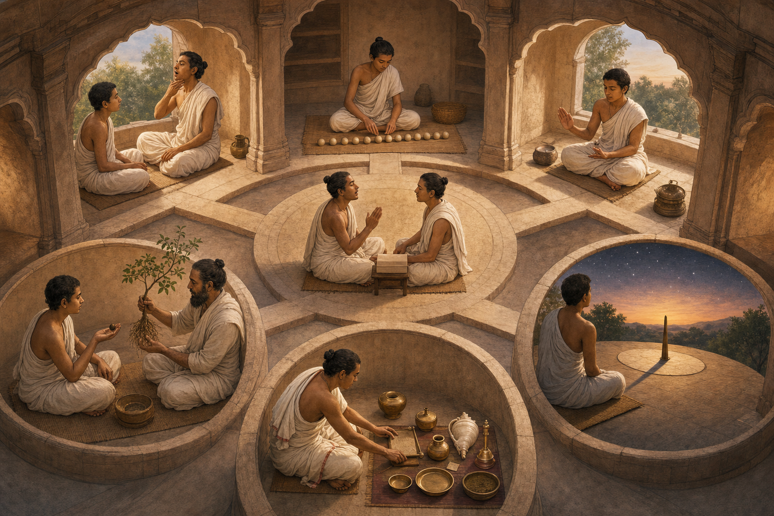 Six connected scenes surround central reciters, depicting precise speech, ordered structure, metre, interpretation, ritual procedure and observation of time.