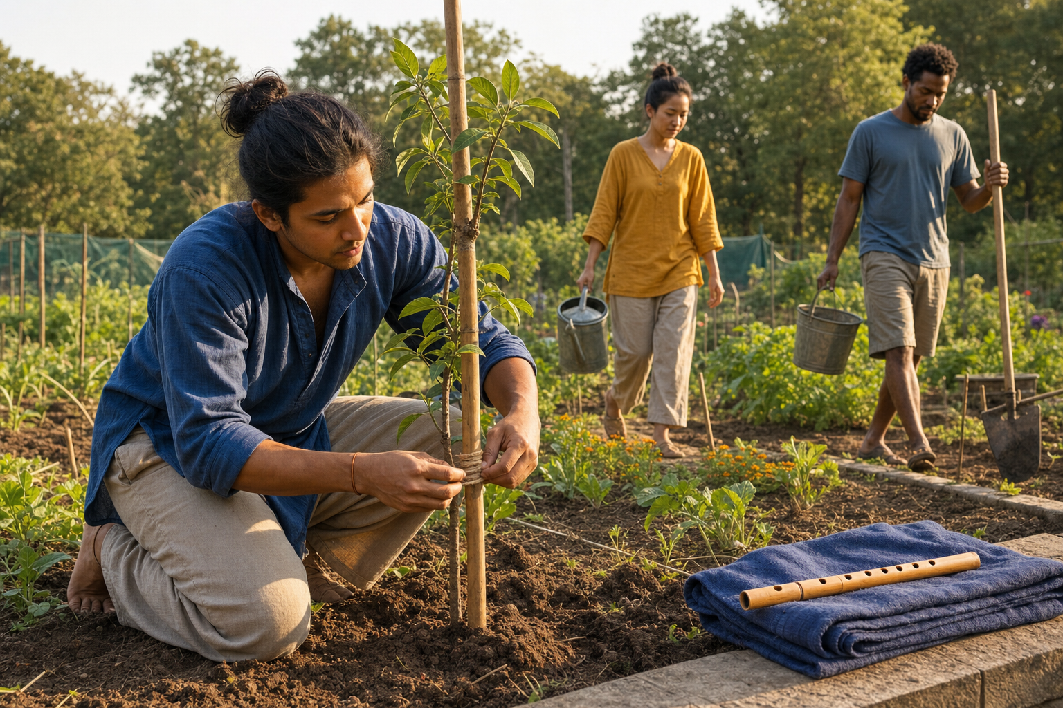 A volunteer supports a newly planted tree in a community garden while a bamboo flute rests nearby.