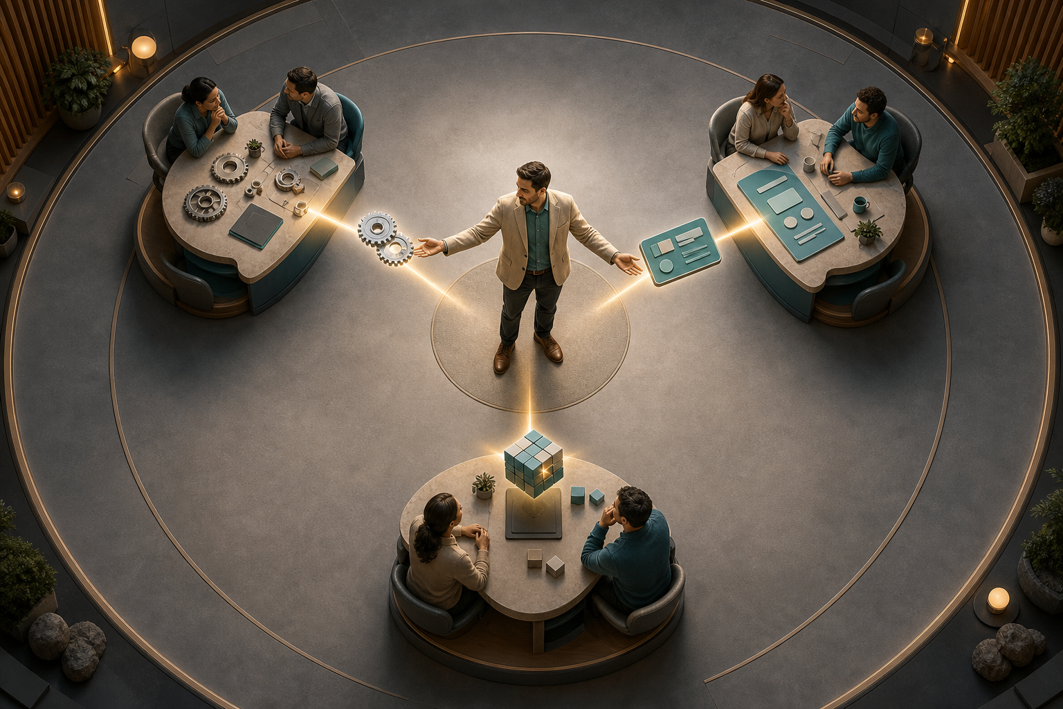 One specialist works from a central station connected to three separate project teams arranged around a circular workspace.
