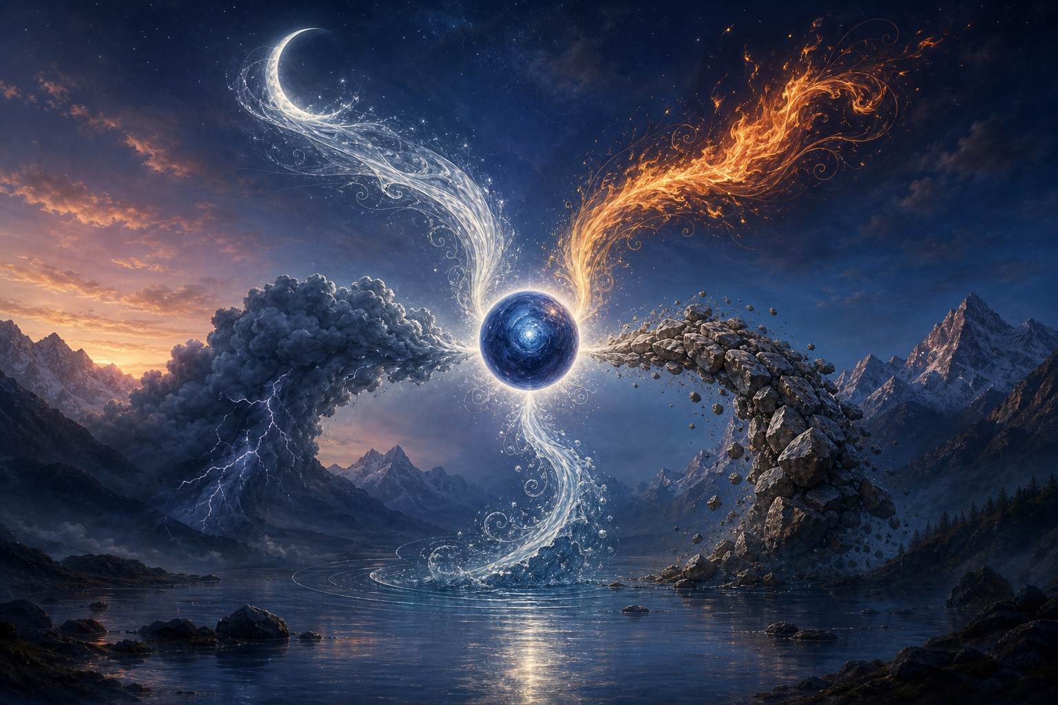 Separate forms of moonlight, flame, cloud, stone, and water converging into one radiant indigo sphere.