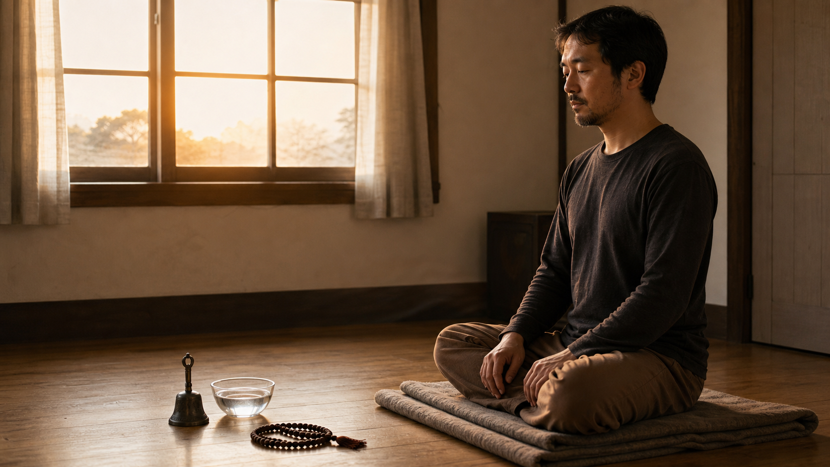 A calm practitioner sits on a folded blanket in a simple sunlit room with prayer beads, a bell, and a bowl of water nearby.