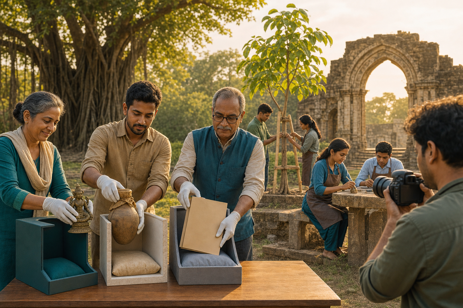 Community members and caretakers secure entrusted objects while younger apprentices learn conservation beside a stone arch and banyan sapling.
