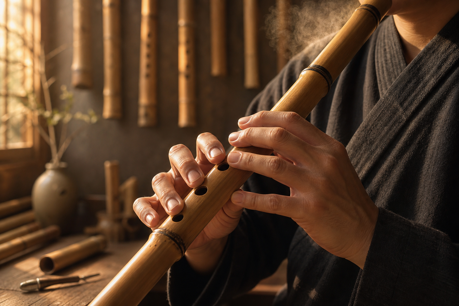 A musician's hands cover selected holes on a bamboo flute in a softly lit workshop.