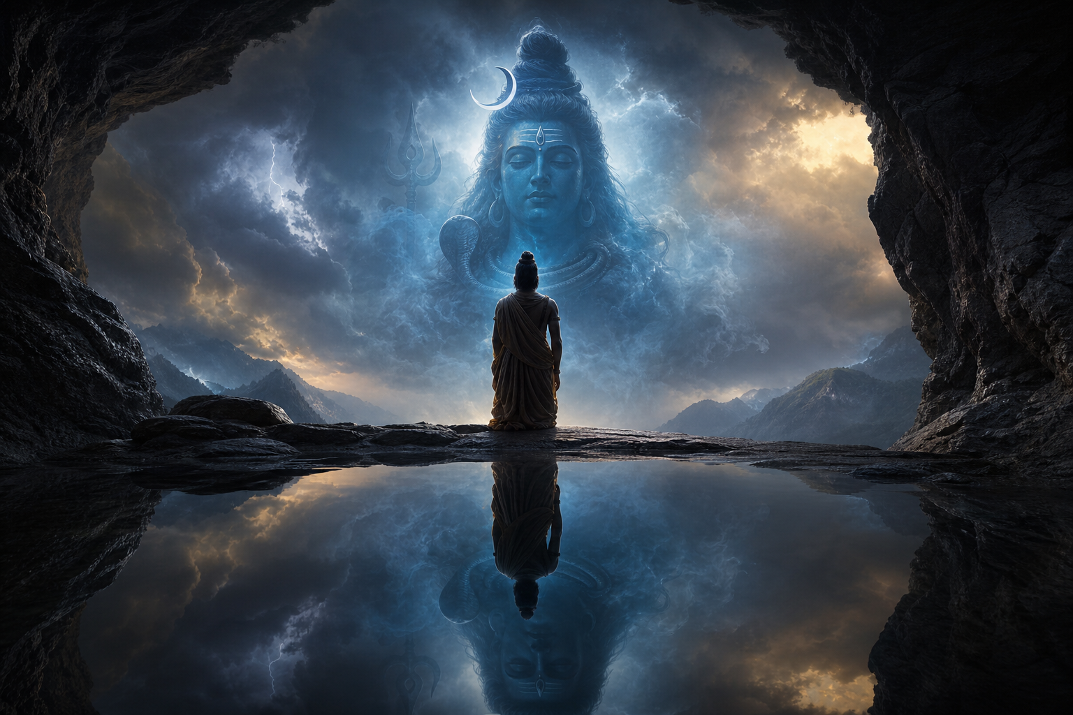 A devotee faces a shadowed cave where smoke and blue light form a powerful presence reflected in a still pool.