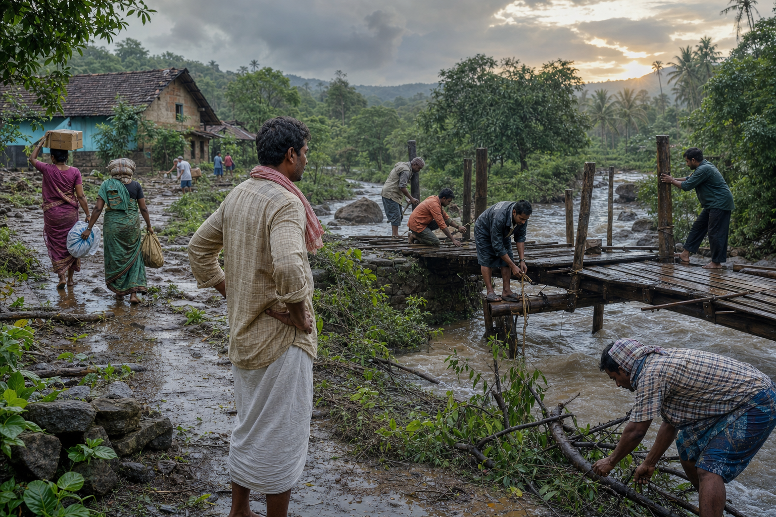 Villagers calmly repair a footbridge and move supplies beside a swollen stream after a storm.