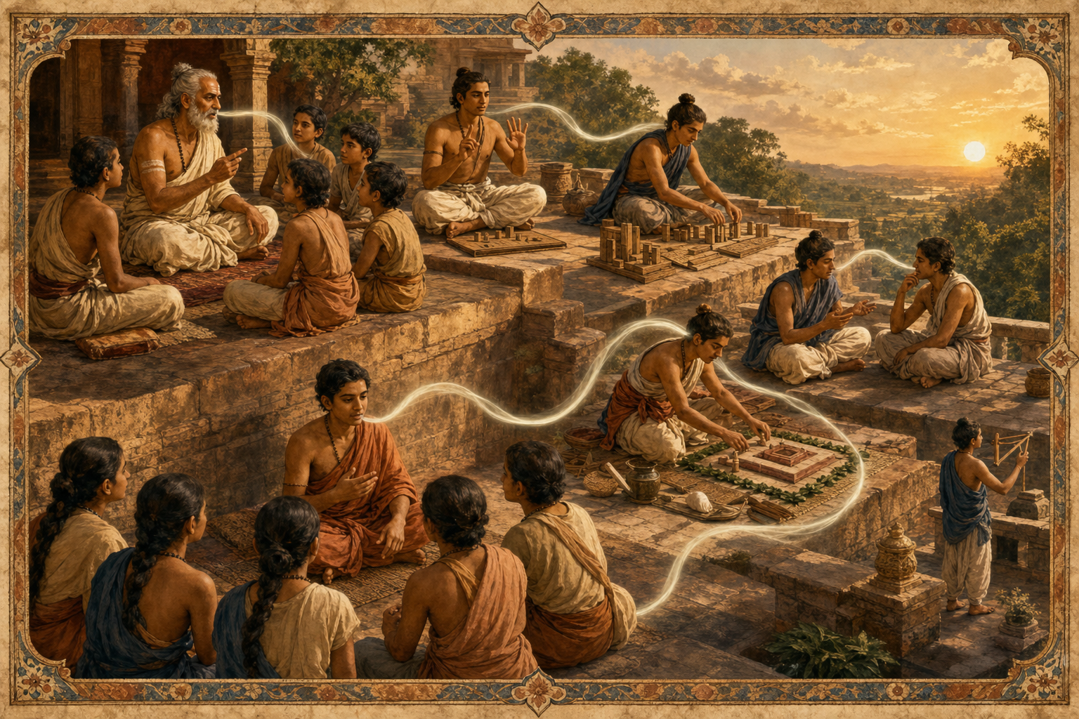 Learners on connected terraces practice pronunciation, rhythm, structure, interpretation, ritual preparation and solar observation as one continuous process.