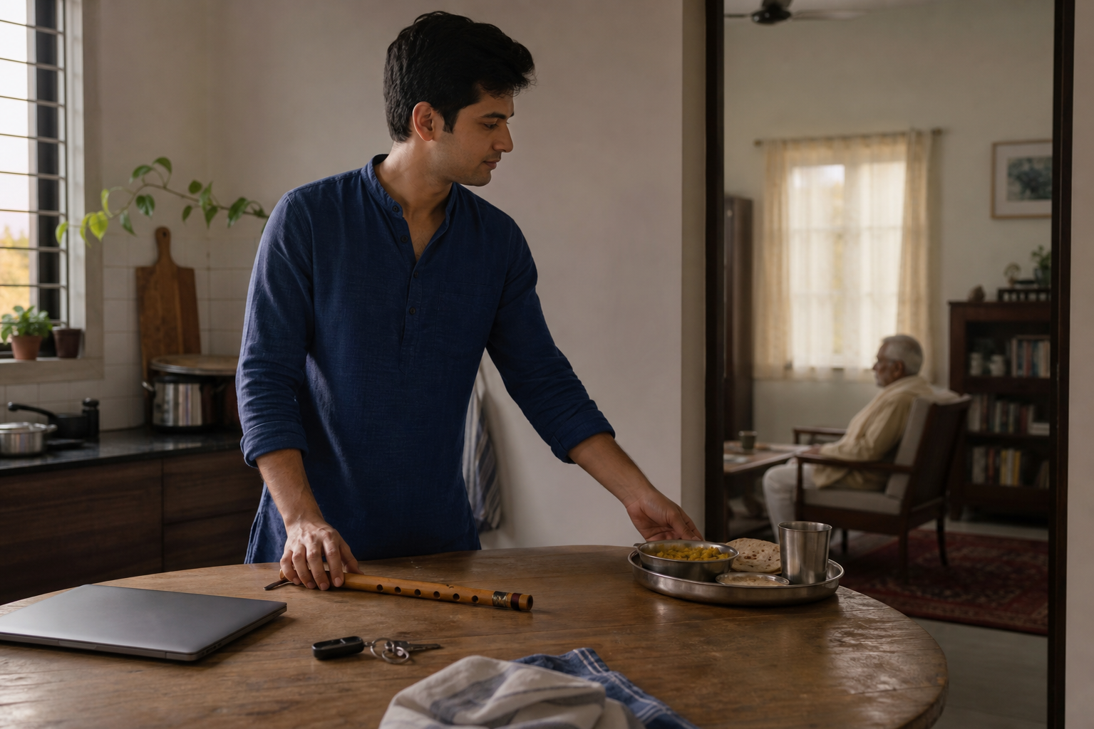 A person reaches for a tray of food beside a bamboo flute while an older family member waits nearby.