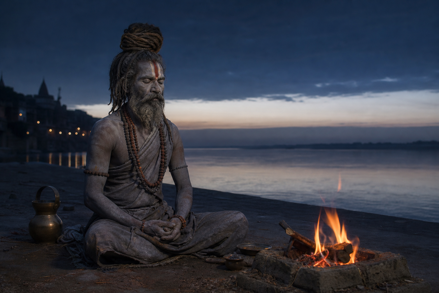 A composed Aghora ascetic meditates beside a small fire on a quiet riverbank before dawn.