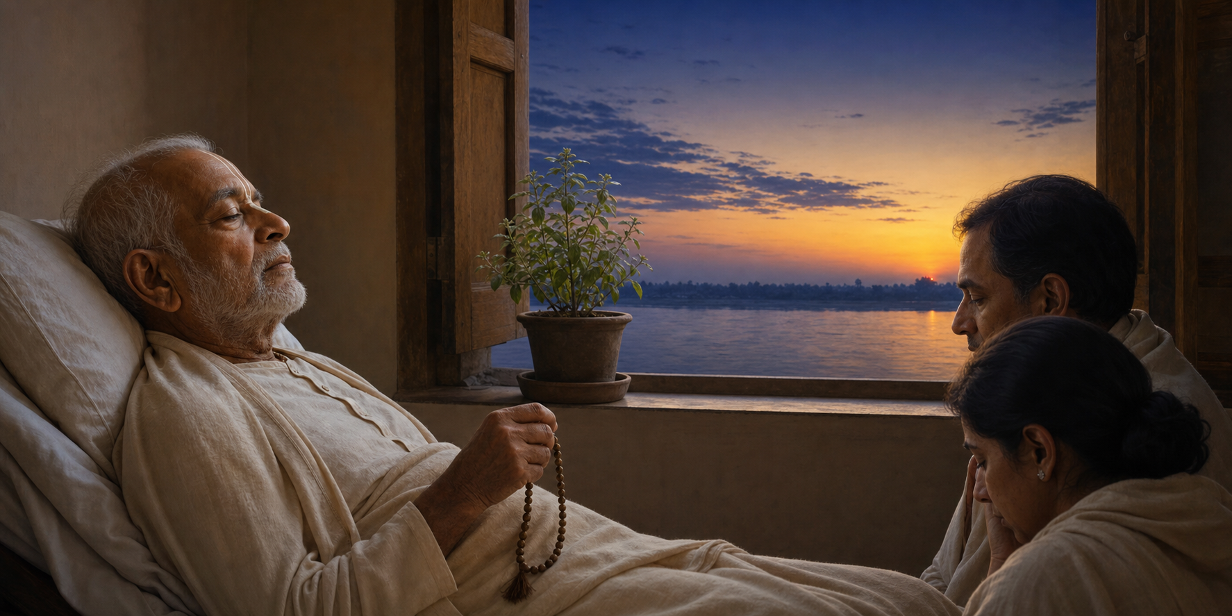An elderly devotee rests near an open window with prayer beads while two loved ones sit beside the bed at dawn.