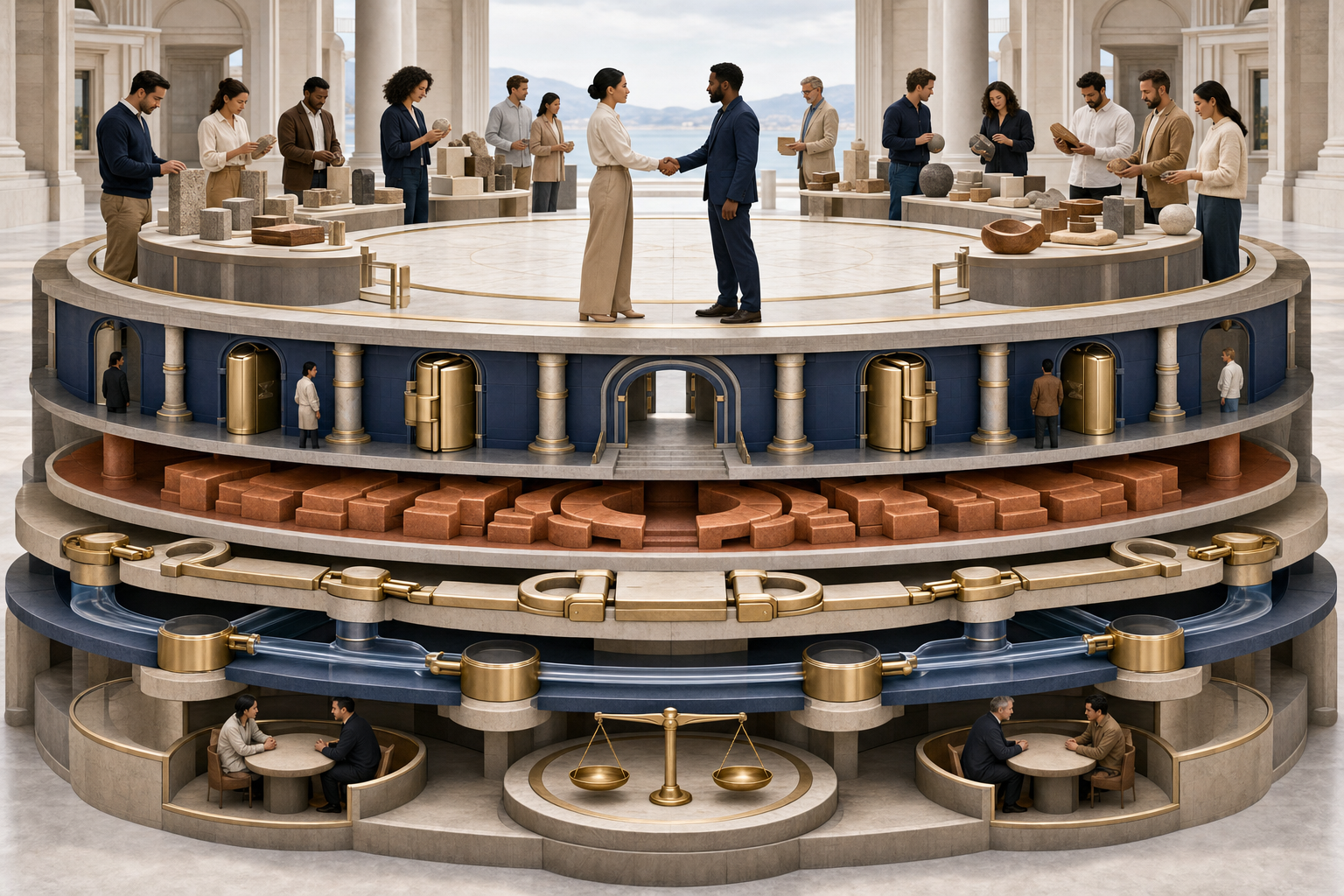 Clients and independent experts meet on a circular exchange platform supported by gates, interlocking foundations, and secure pathways.