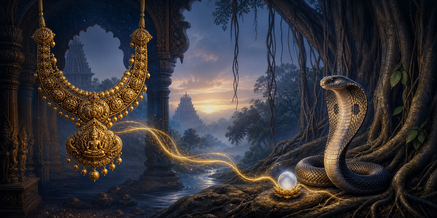 A golden ceremonial necklace and a cobra beside a glowing jewel are joined by a stream of light in a mythic Indian landscape.