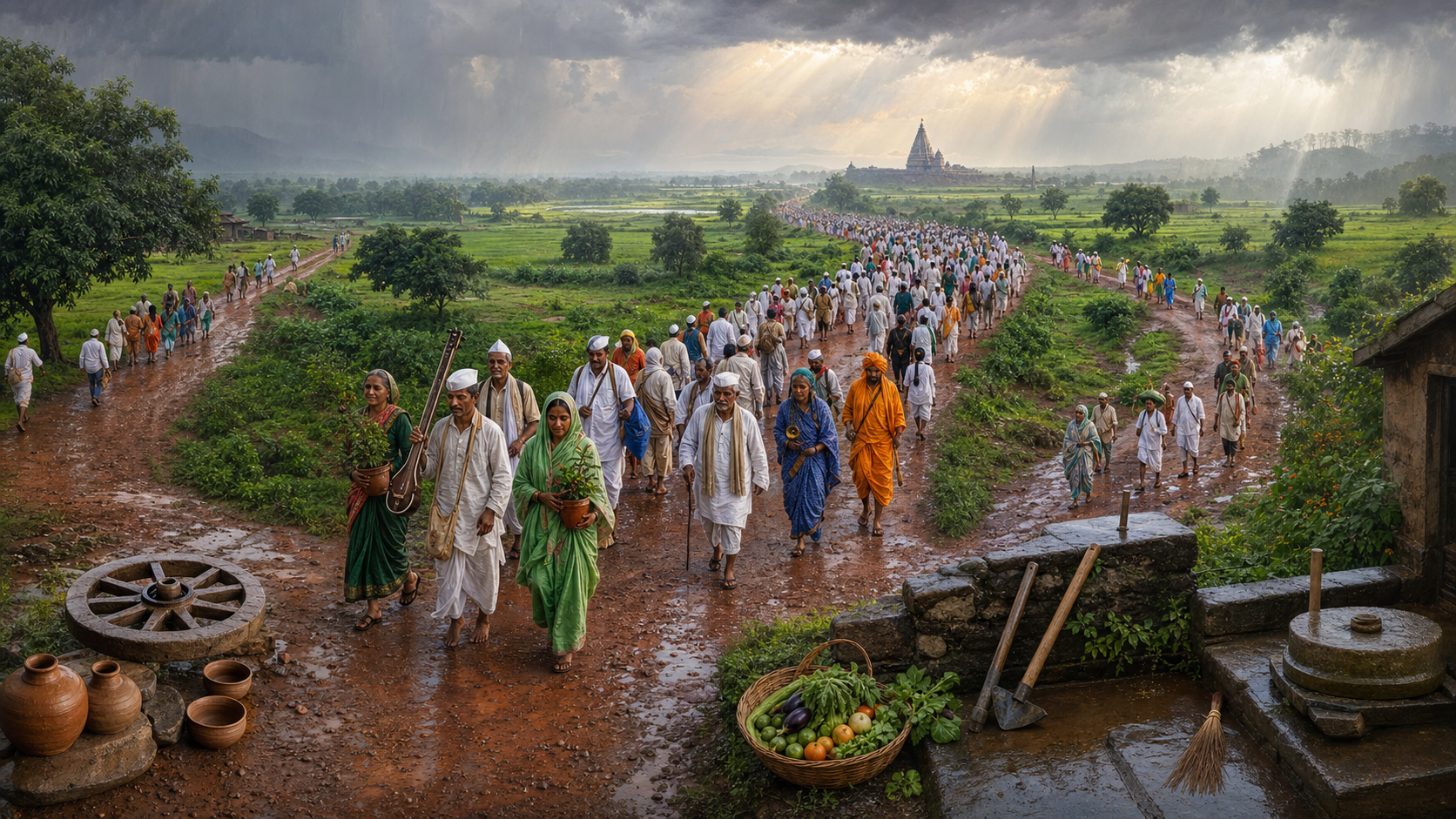 Pilgrims from several rural roads join a monsoon procession toward a distant Pandharpur temple, with pottery, produce, masonry tools and a hand mill in the foreground.