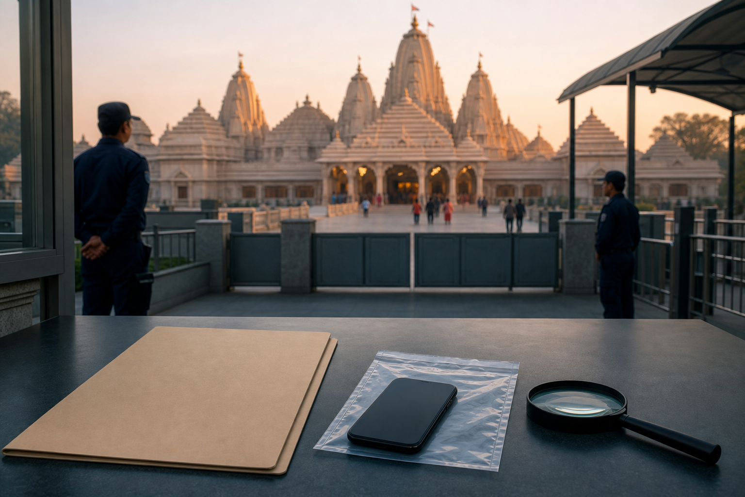 A sandstone Hindu temple at dawn beyond a calm security checkpoint, with a phone and investigation materials on a desk in the foreground.