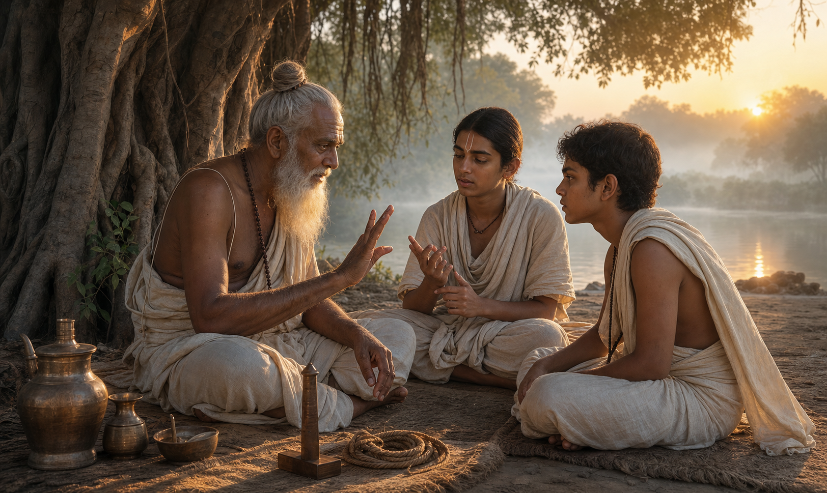 An older teacher guides two students in oral recitation beneath a banyan tree at sunrise, with simple ritual and timekeeping objects nearby.