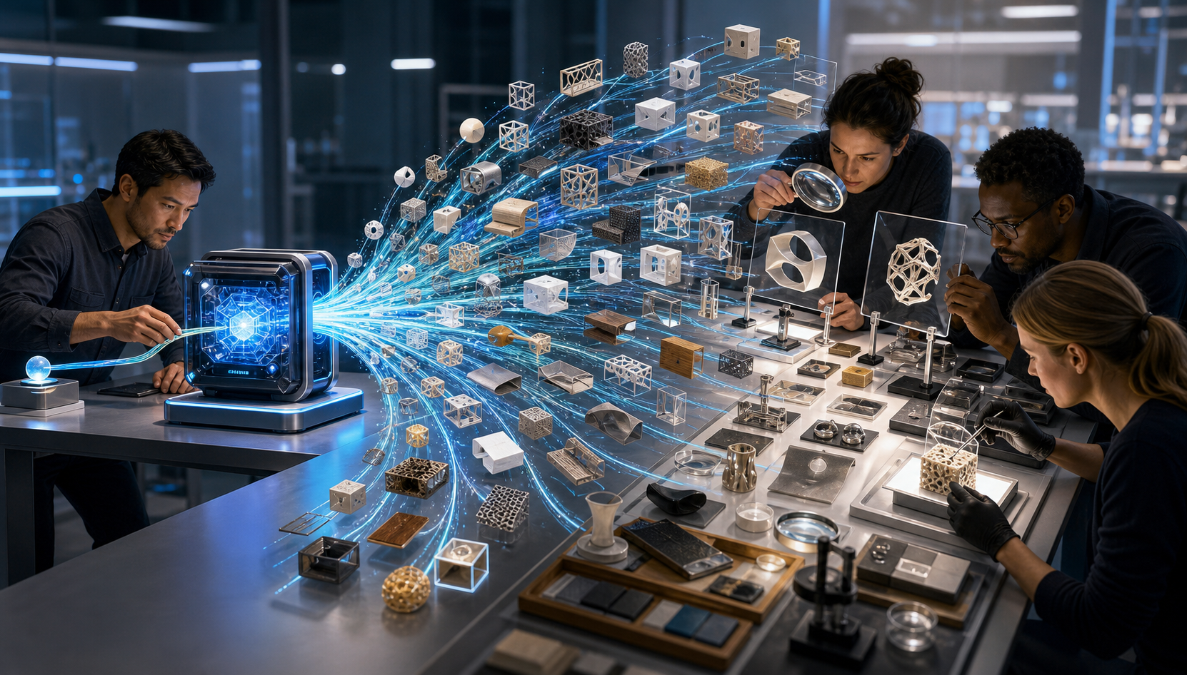 A professional uses a glowing AI device to produce many project components while reviewers inspect the outputs with lenses and testing tools.
