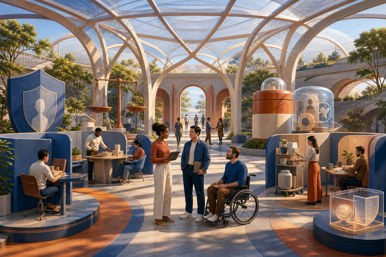 Independent workers and small teams stand beneath a protective canopy surrounded by secure channels, shields, balanced scales, and portable containers.
